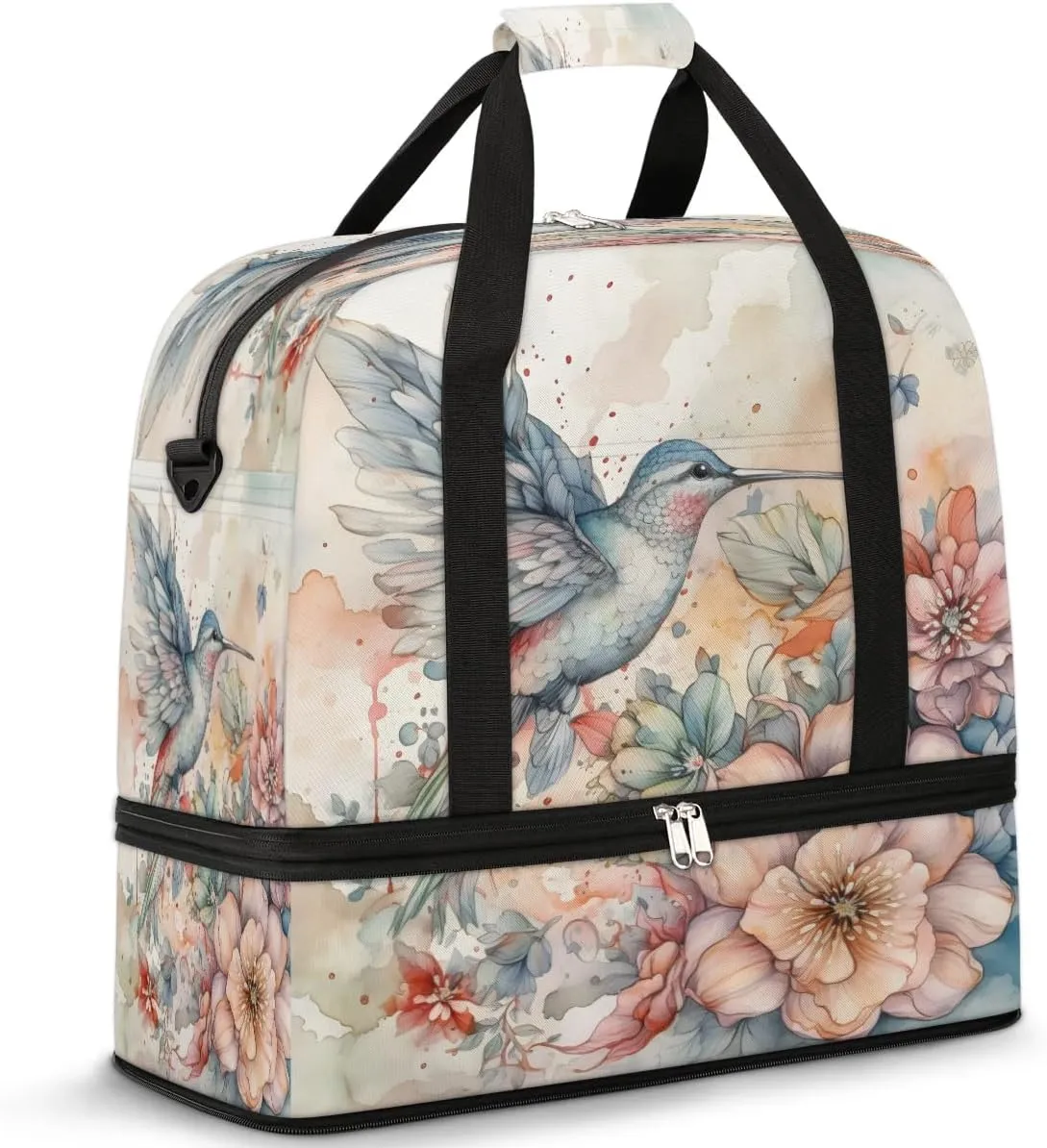 Sports Duffel Bag, Foldable Hummingbird Travel Duffel Bag, Gym Yoga Beach Bag Weekender Overnight Bag with Shoes Compartment for Men Women, Spring Flowers