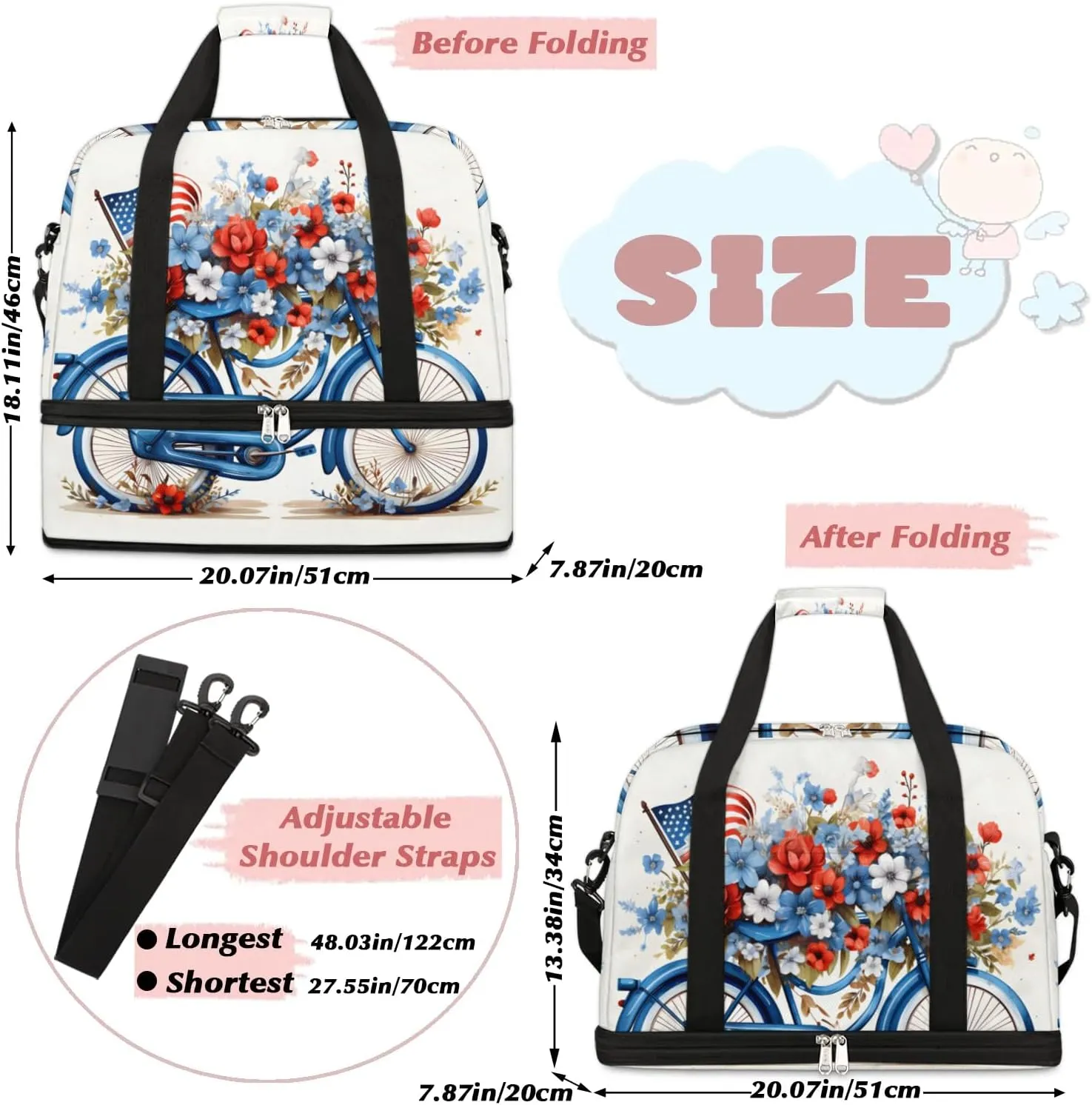 Sports Duffel Bag, Foldable Independence Day Travel Duffel Bag, Gym Yoga Beach Bag Weekender Overnight Bag with Shoes Compartment for Men Women, American Flag