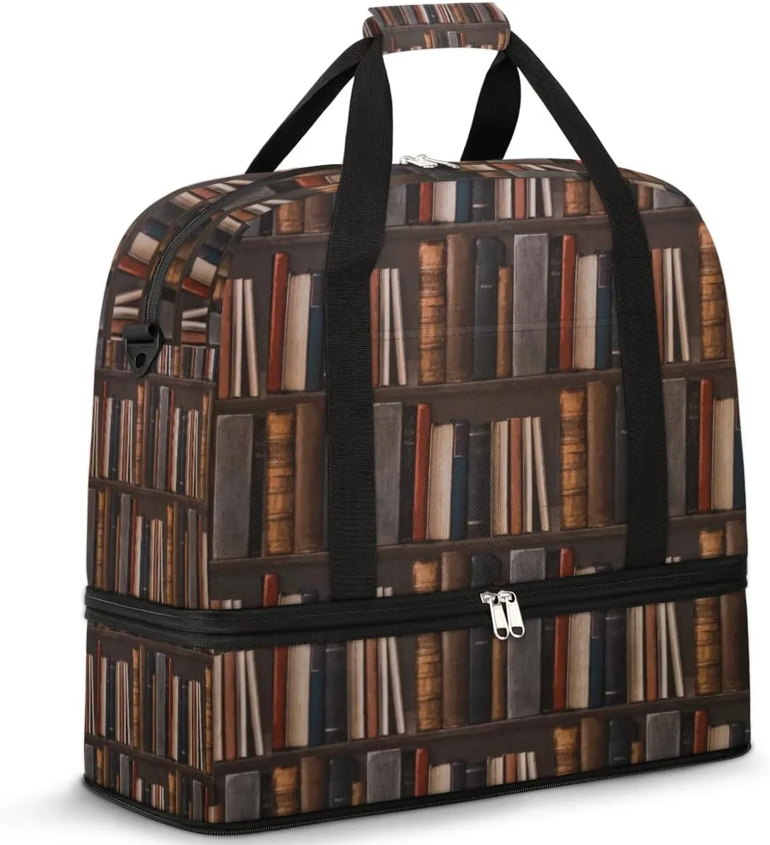 Sports Duffel Bag, Foldable Library Bookshelf Travel Duffel Bag, Gym Yoga Beach Bag Weekender Overnight Bag with Shoes Compartment for Men Women, Old Books