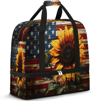 Sports Duffel Bag, Foldable Memorial Day Travel Duffel Bag, Gym Yoga Beach Bag Weekender Overnight Bag with Shoes Compartment for Men Women, American Flag Sunflower