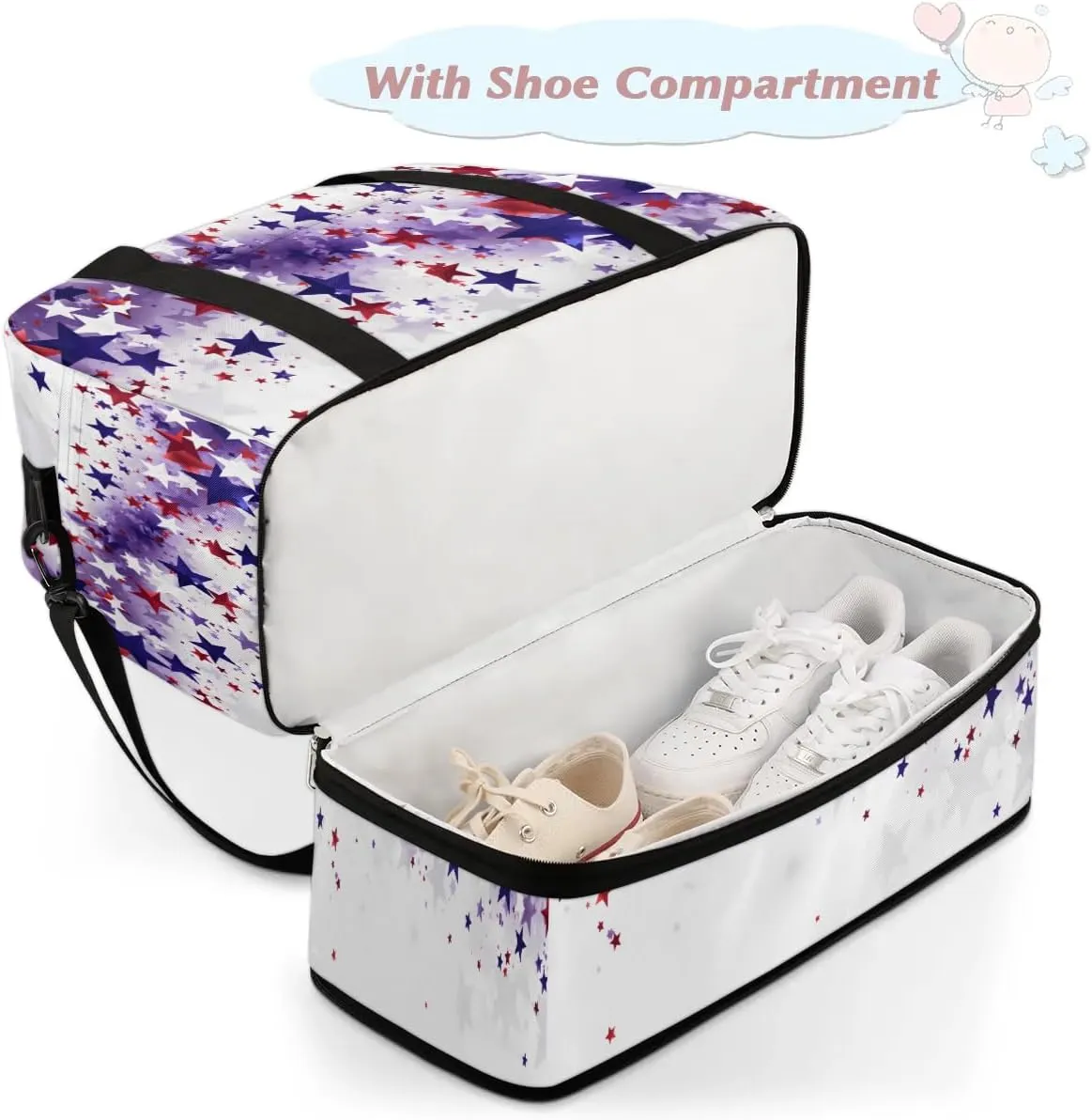 Sports Duffel Bag, Foldable Memorial Day Travel Duffel Bag, Gym Yoga Beach Bag Weekender Overnight Bag with Shoes Compartment for Men Women, Red White Blue Stars