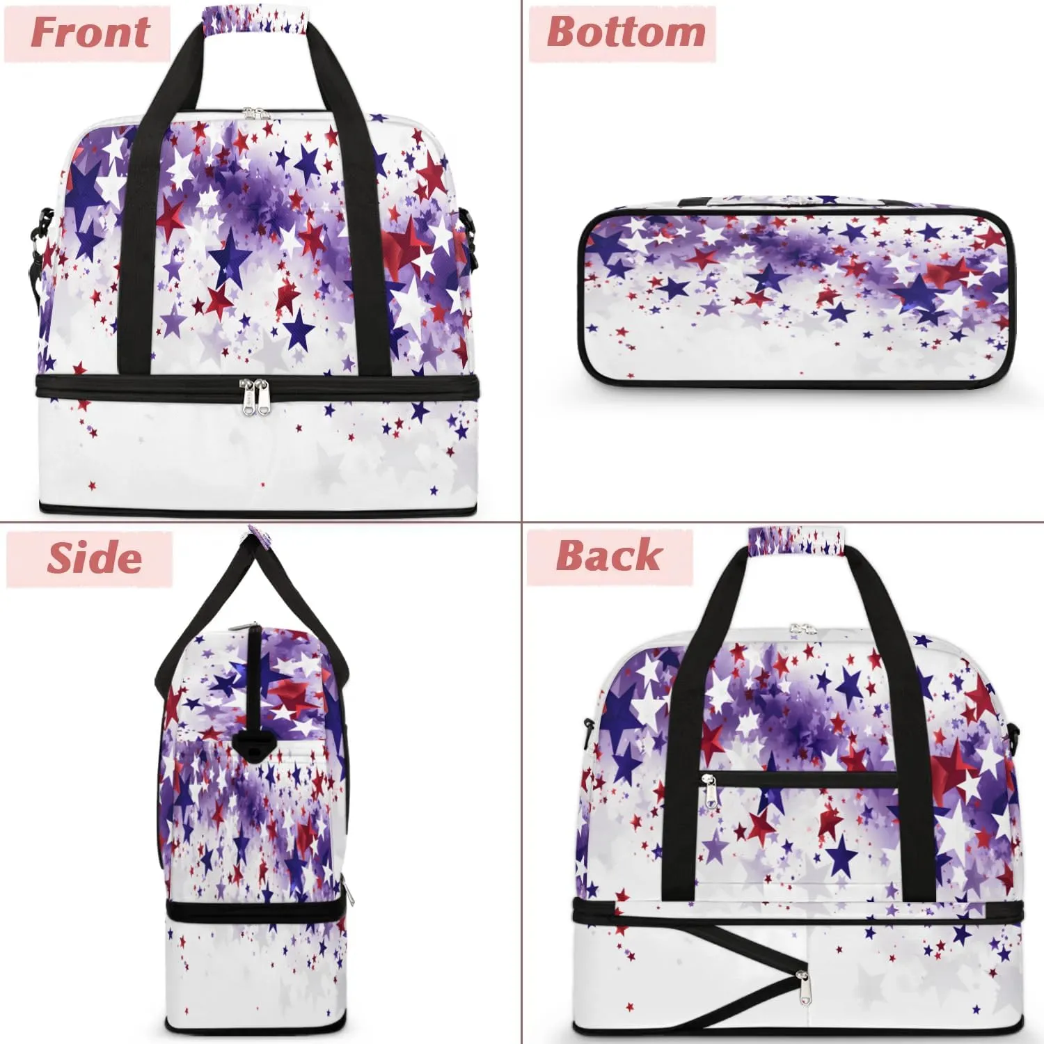 Sports Duffel Bag, Foldable Memorial Day Travel Duffel Bag, Gym Yoga Beach Bag Weekender Overnight Bag with Shoes Compartment for Men Women, Red White Blue Stars