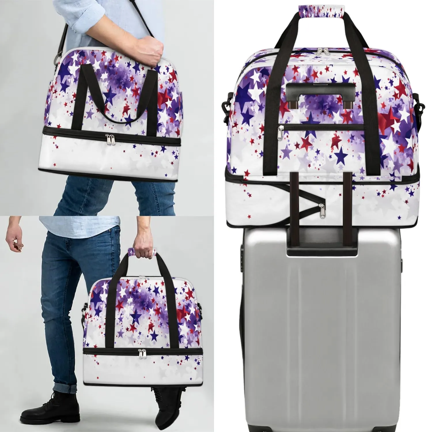 Sports Duffel Bag, Foldable Memorial Day Travel Duffel Bag, Gym Yoga Beach Bag Weekender Overnight Bag with Shoes Compartment for Men Women, Red White Blue Stars