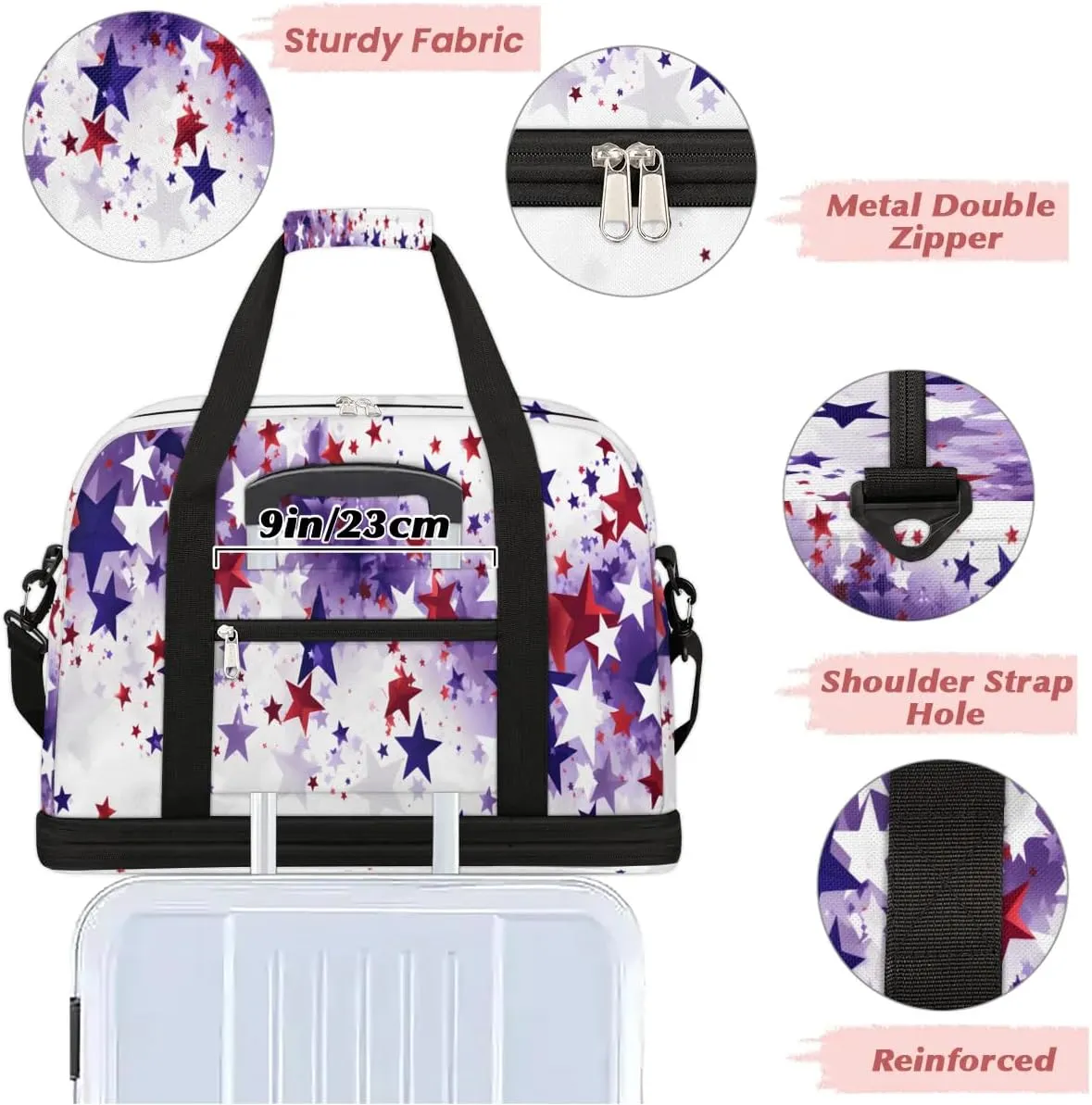 Sports Duffel Bag, Foldable Memorial Day Travel Duffel Bag, Gym Yoga Beach Bag Weekender Overnight Bag with Shoes Compartment for Men Women, Red White Blue Stars