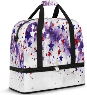 Sports Duffel Bag, Foldable Memorial Day Travel Duffel Bag, Gym Yoga Beach Bag Weekender Overnight Bag with Shoes Compartment for Men Women, Red White Blue Stars