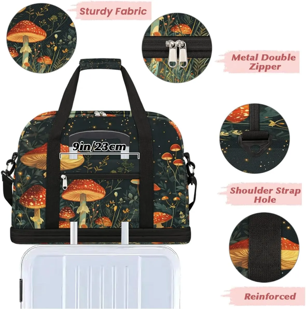Sports Duffel Bag, Foldable Mushroom Travel Duffel Bag, Gym Yoga Beach Bag Weekender Overnight Bag with Shoes Compartment for Men Women, Colorful Mushroom Floral