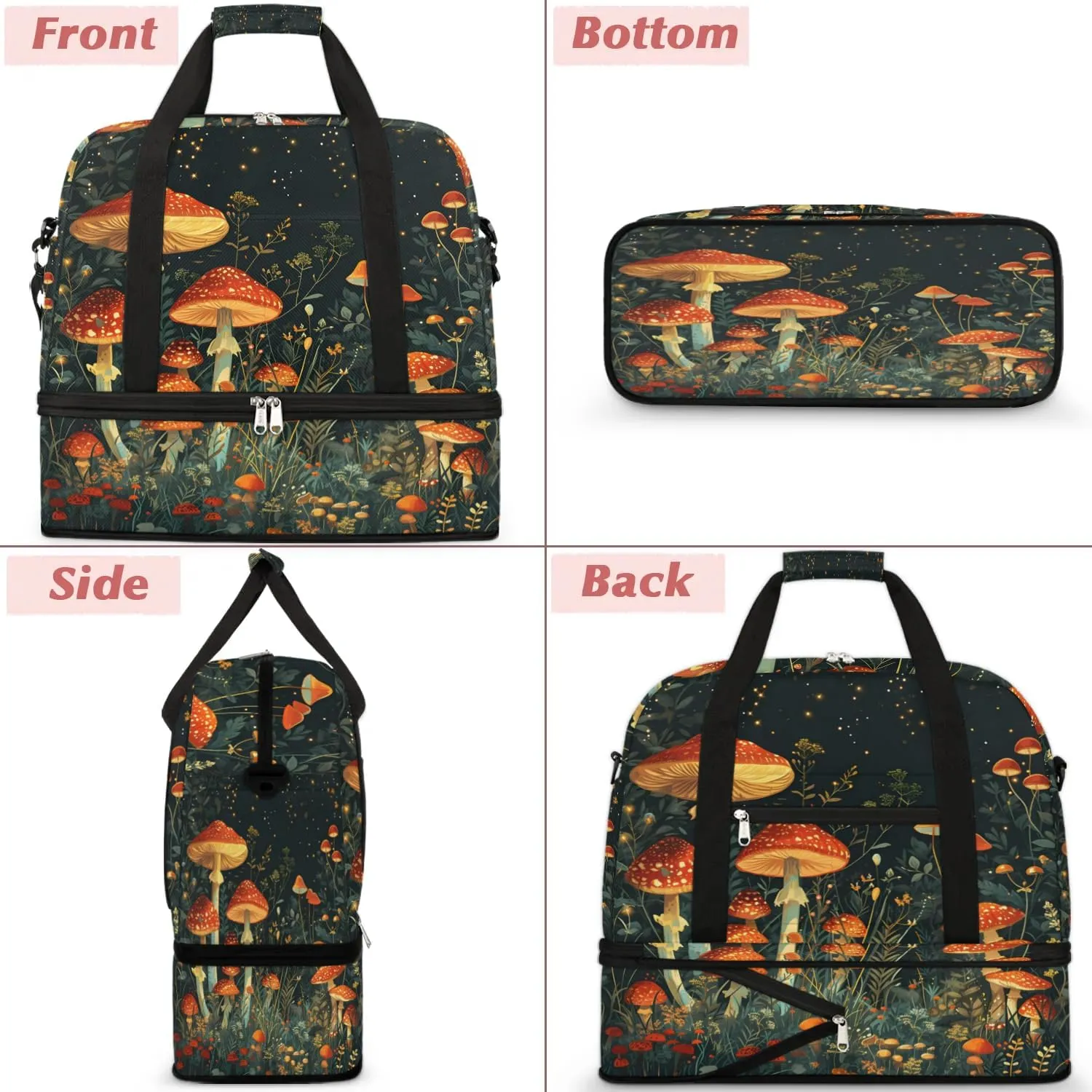 Sports Duffel Bag, Foldable Mushroom Travel Duffel Bag, Gym Yoga Beach Bag Weekender Overnight Bag with Shoes Compartment for Men Women, Colorful Mushroom Floral