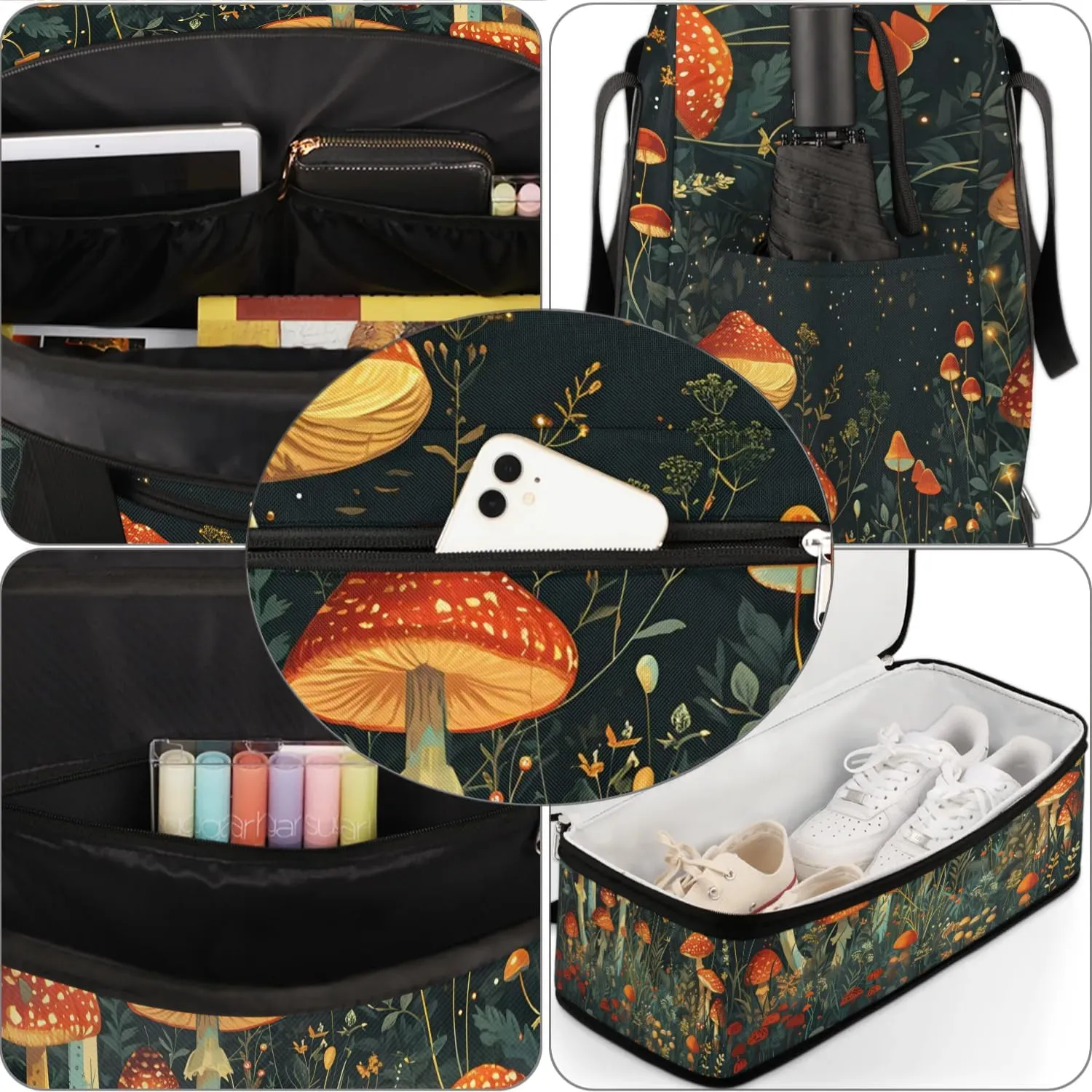 Sports Duffel Bag, Foldable Mushroom Travel Duffel Bag, Gym Yoga Beach Bag Weekender Overnight Bag with Shoes Compartment for Men Women, Colorful Mushroom Floral