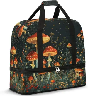 Sports Duffel Bag, Foldable Mushroom Travel Duffel Bag, Gym Yoga Beach Bag Weekender Overnight Bag with Shoes Compartment for Men Women, Colorful Mushroom Floral