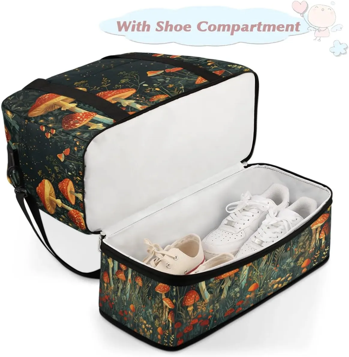 Sports Duffel Bag, Foldable Mushroom Travel Duffel Bag, Gym Yoga Beach Bag Weekender Overnight Bag with Shoes Compartment for Men Women, Colorful Mushroom Floral