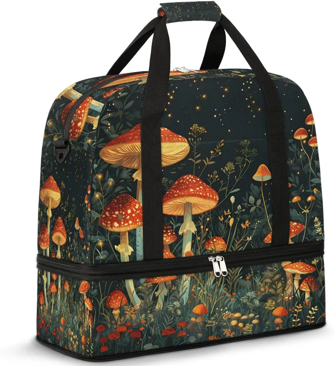 Sports Duffel Bag, Foldable Mushroom Travel Duffel Bag, Gym Yoga Beach Bag Weekender Overnight Bag with Shoes Compartment for Men Women, Colorful Mushroom Floral