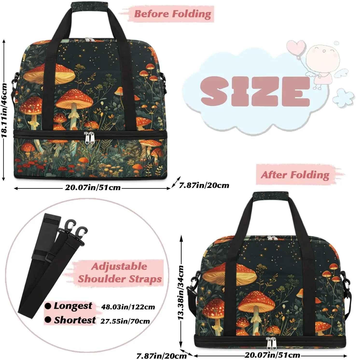 Sports Duffel Bag, Foldable Mushroom Travel Duffel Bag, Gym Yoga Beach Bag Weekender Overnight Bag with Shoes Compartment for Men Women, Colorful Mushroom Floral