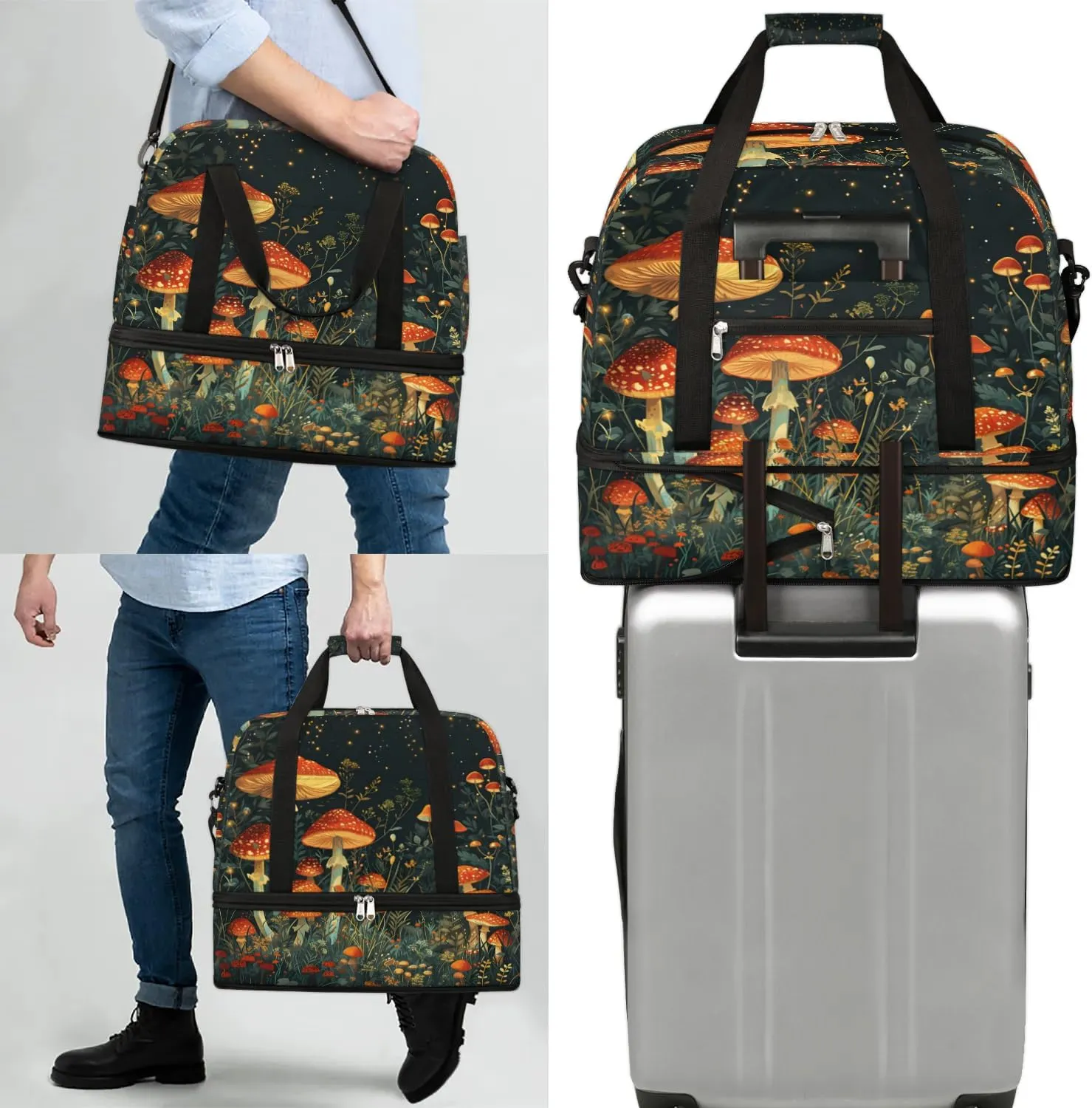 Sports Duffel Bag, Foldable Mushroom Travel Duffel Bag, Gym Yoga Beach Bag Weekender Overnight Bag with Shoes Compartment for Men Women, Colorful Mushroom Floral