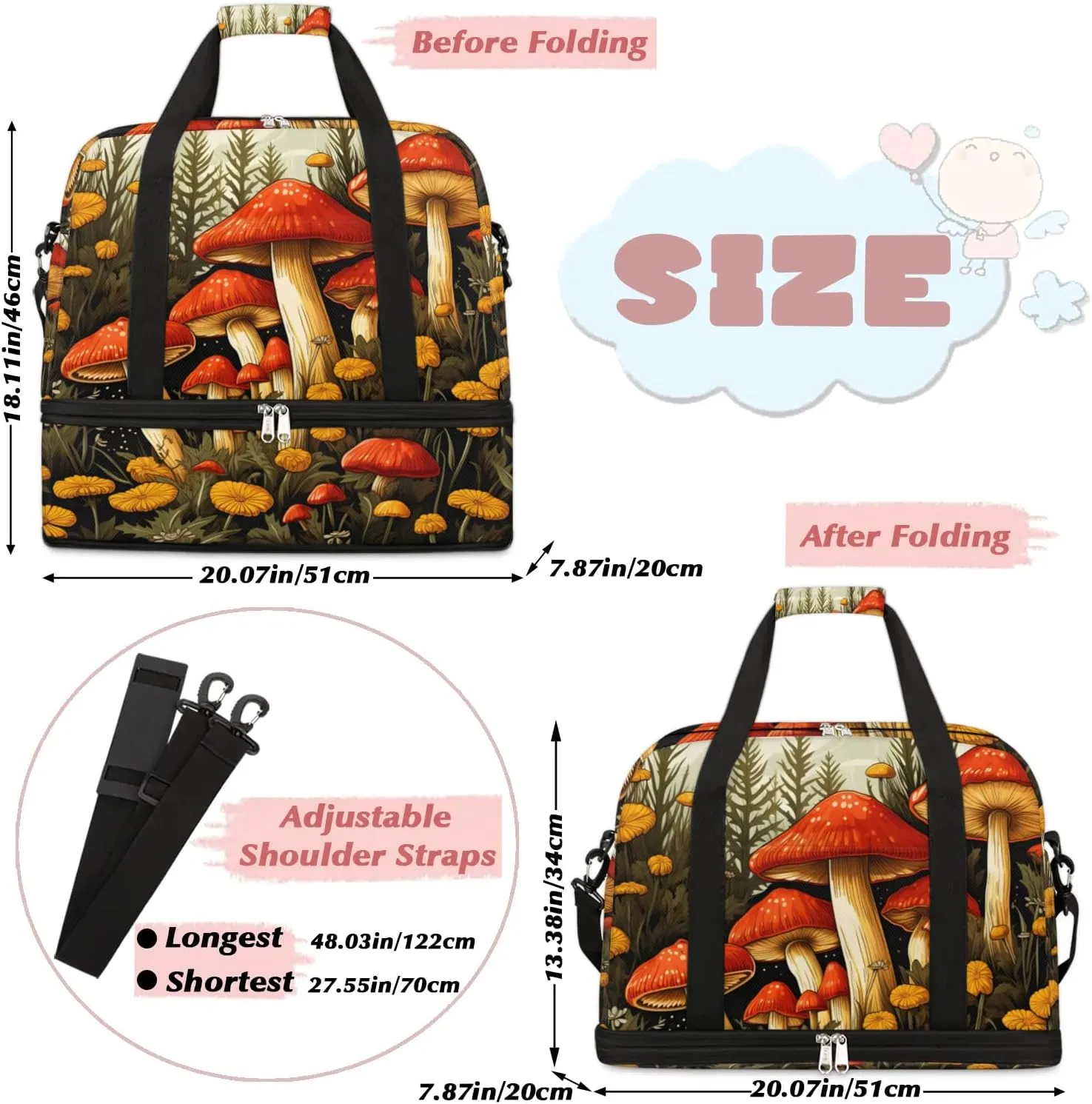 Sports Duffel Bag, Foldable Mushroom Travel Duffel Bag, Gym Yoga Beach Bag Weekender Overnight Bag with Shoes Compartment for Men Women, Farm Mushroom