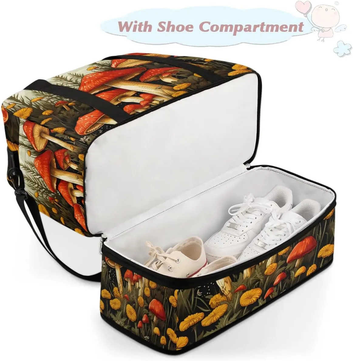 Sports Duffel Bag, Foldable Mushroom Travel Duffel Bag, Gym Yoga Beach Bag Weekender Overnight Bag with Shoes Compartment for Men Women, Farm Mushroom