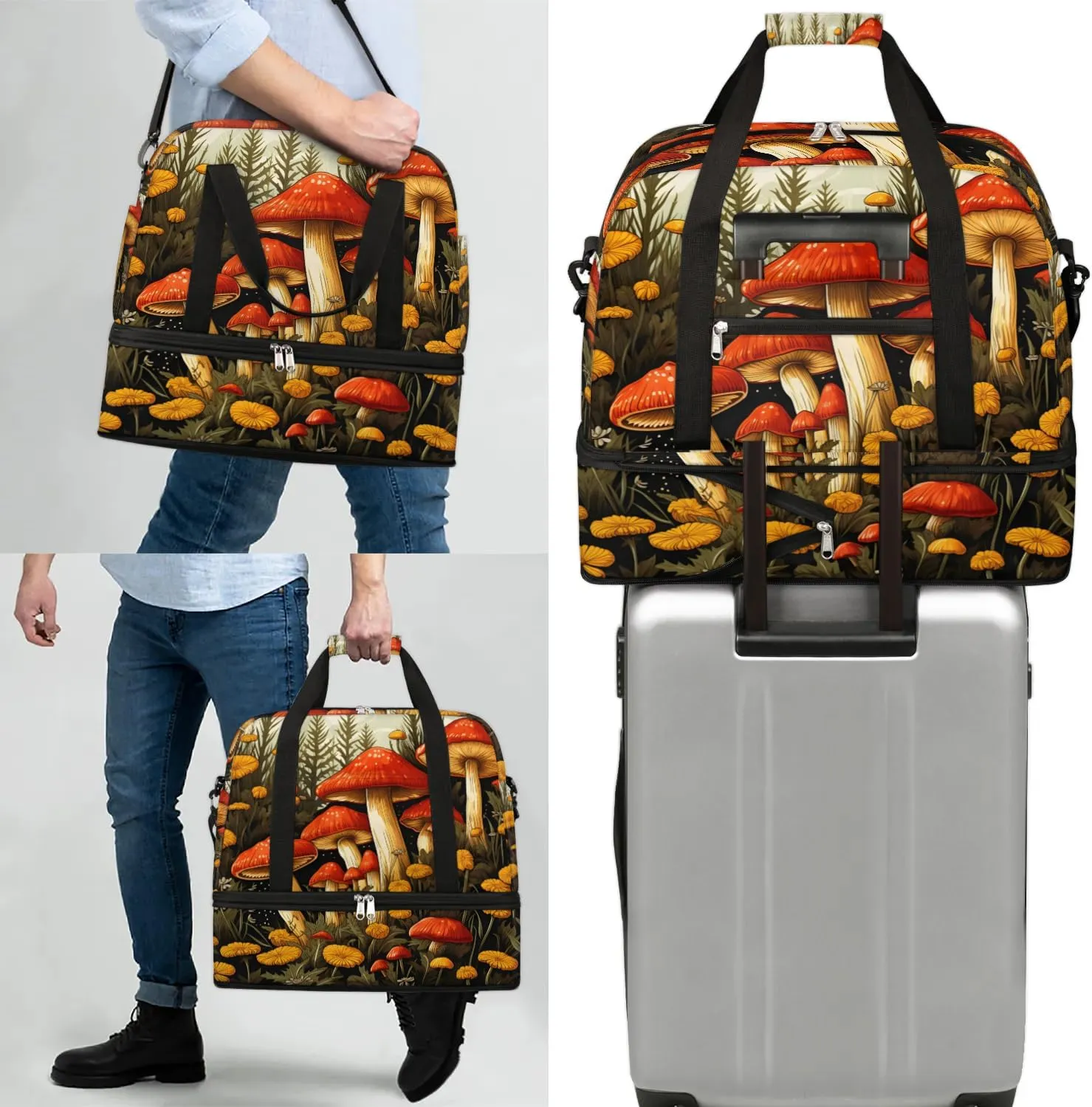 Sports Duffel Bag, Foldable Mushroom Travel Duffel Bag, Gym Yoga Beach Bag Weekender Overnight Bag with Shoes Compartment for Men Women, Farm Mushroom