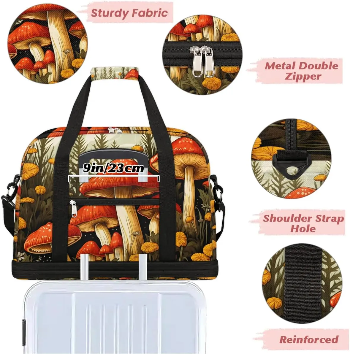 Sports Duffel Bag, Foldable Mushroom Travel Duffel Bag, Gym Yoga Beach Bag Weekender Overnight Bag with Shoes Compartment for Men Women, Farm Mushroom