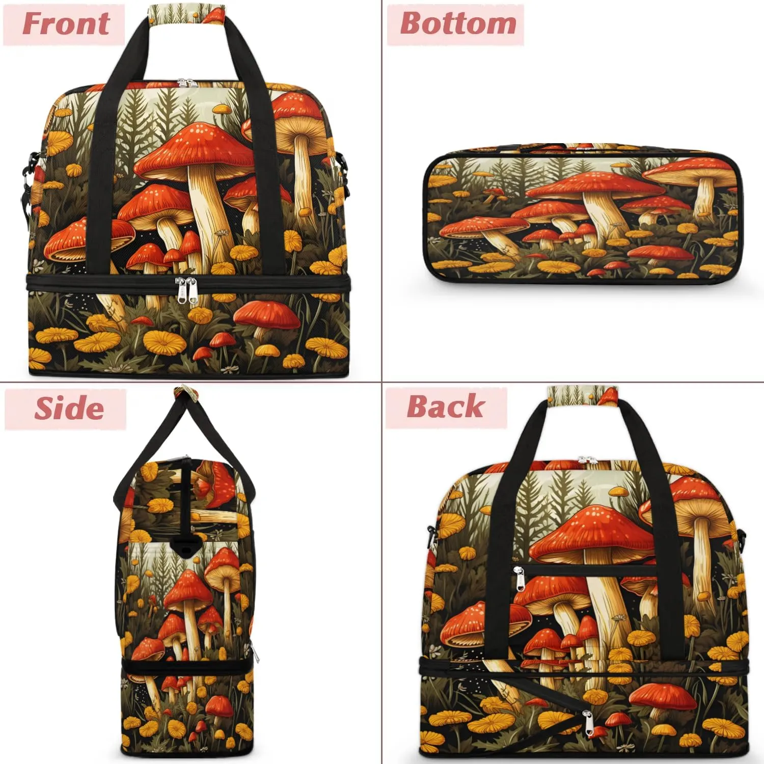 Sports Duffel Bag, Foldable Mushroom Travel Duffel Bag, Gym Yoga Beach Bag Weekender Overnight Bag with Shoes Compartment for Men Women, Farm Mushroom