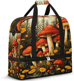 Sports Duffel Bag, Foldable Mushroom Travel Duffel Bag, Gym Yoga Beach Bag Weekender Overnight Bag with Shoes Compartment for Men Women, Farm Mushroom