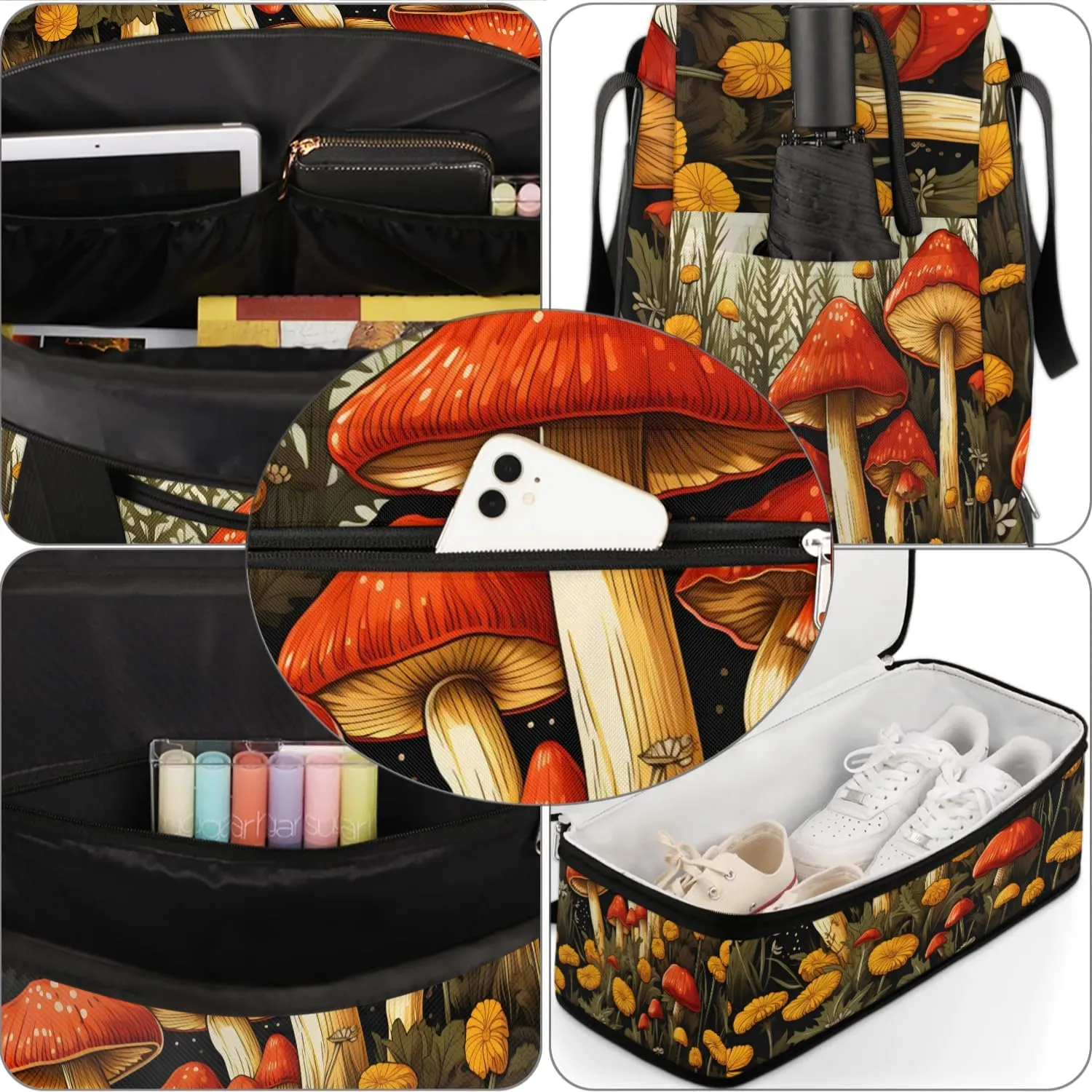 Sports Duffel Bag, Foldable Mushroom Travel Duffel Bag, Gym Yoga Beach Bag Weekender Overnight Bag with Shoes Compartment for Men Women, Farm Mushroom