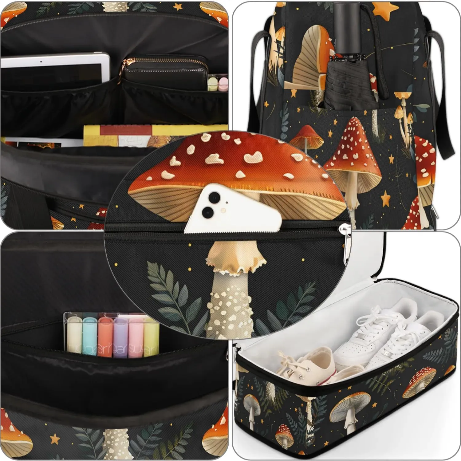 Sports Duffel Bag, Foldable Mushroom Travel Duffel Bag, Gym Yoga Beach Bag Weekender Overnight Bag with Shoes Compartment for Men Women, Mushrooms Wild Species