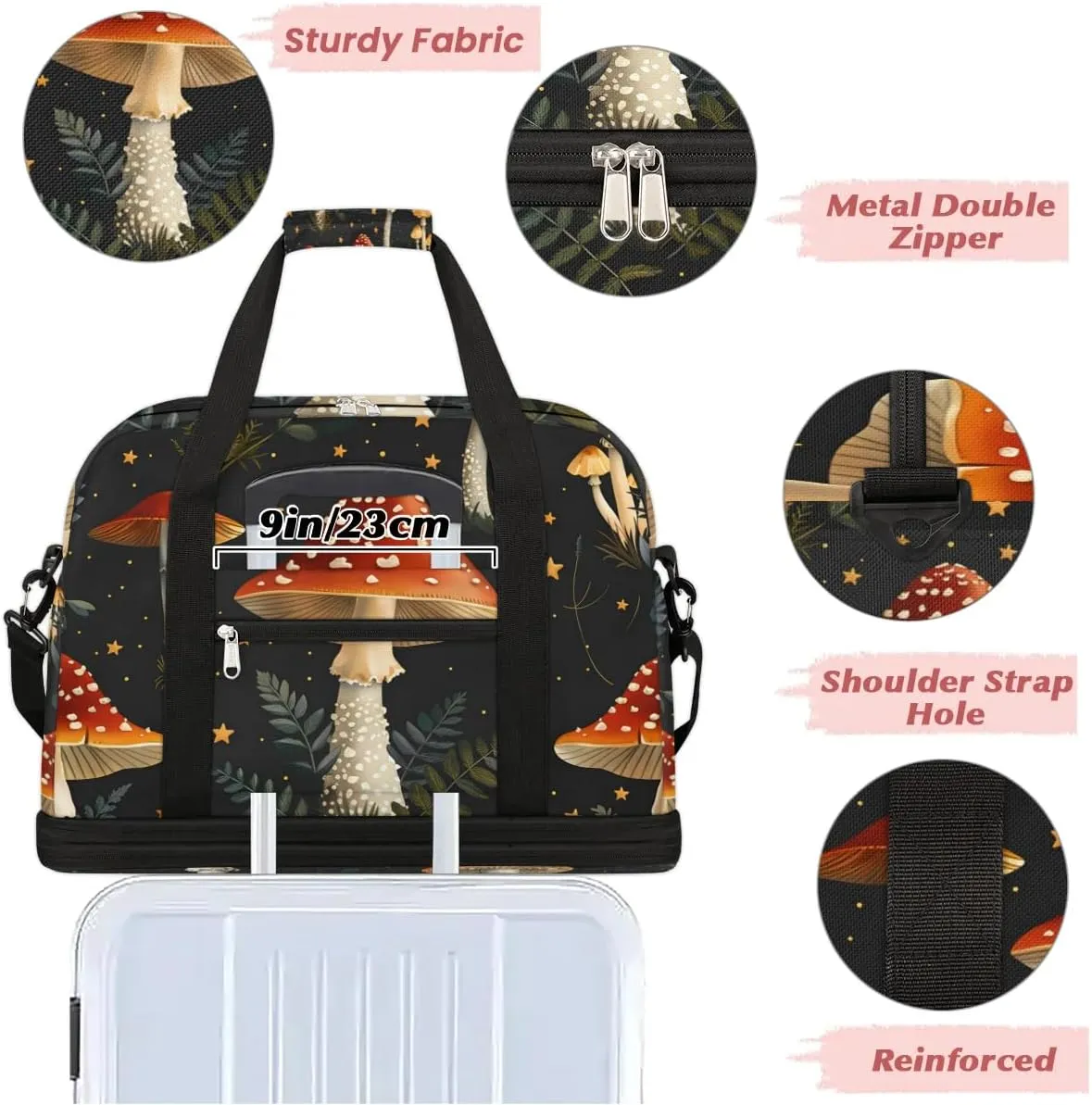 Sports Duffel Bag, Foldable Mushroom Travel Duffel Bag, Gym Yoga Beach Bag Weekender Overnight Bag with Shoes Compartment for Men Women, Mushrooms Wild Species