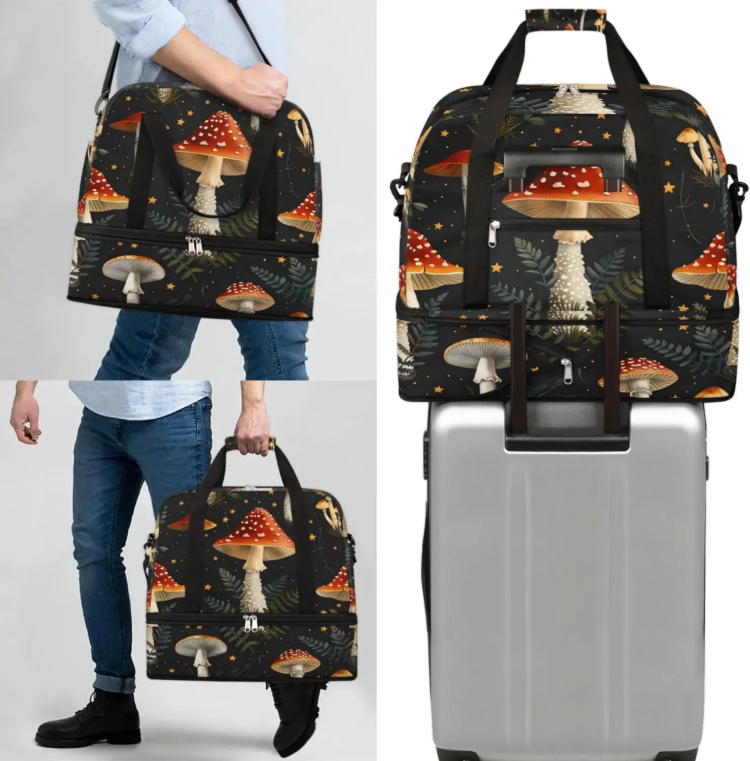 Sports Duffel Bag, Foldable Mushroom Travel Duffel Bag, Gym Yoga Beach Bag Weekender Overnight Bag with Shoes Compartment for Men Women, Mushrooms Wild Species