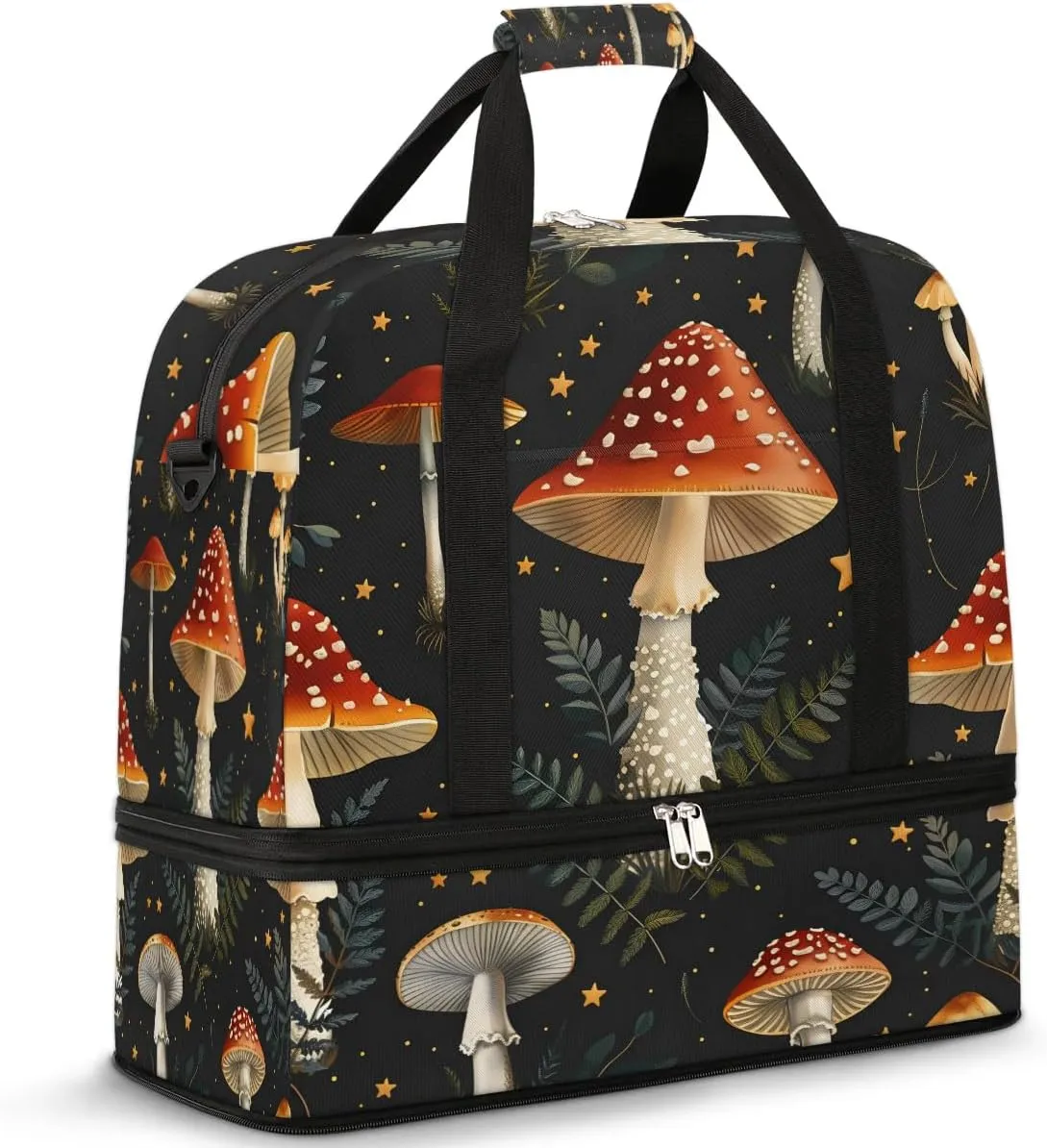 Sports Duffel Bag, Foldable Mushroom Travel Duffel Bag, Gym Yoga Beach Bag Weekender Overnight Bag with Shoes Compartment for Men Women, Mushrooms Wild Species