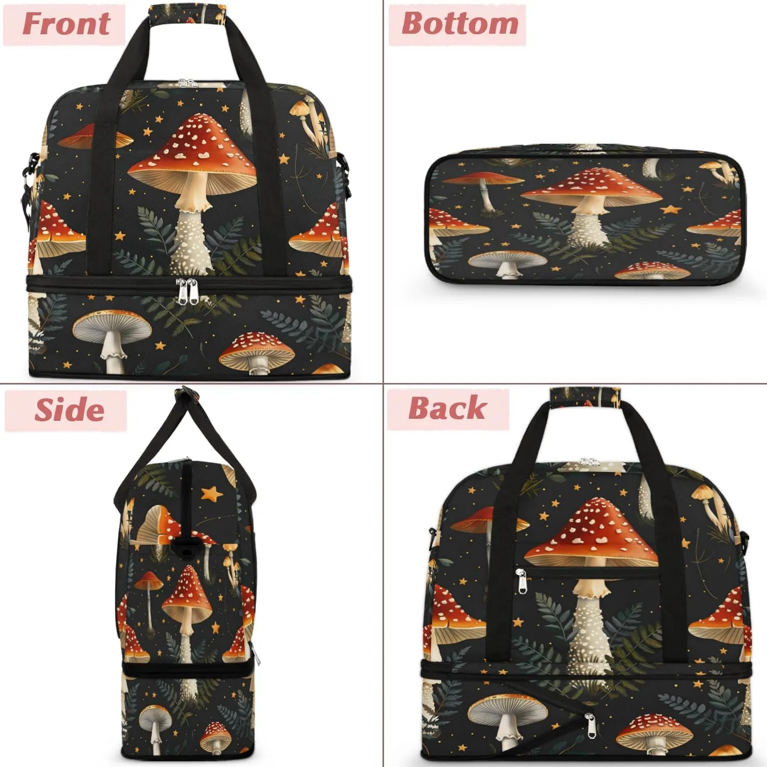 Sports Duffel Bag, Foldable Mushroom Travel Duffel Bag, Gym Yoga Beach Bag Weekender Overnight Bag with Shoes Compartment for Men Women, Mushrooms Wild Species