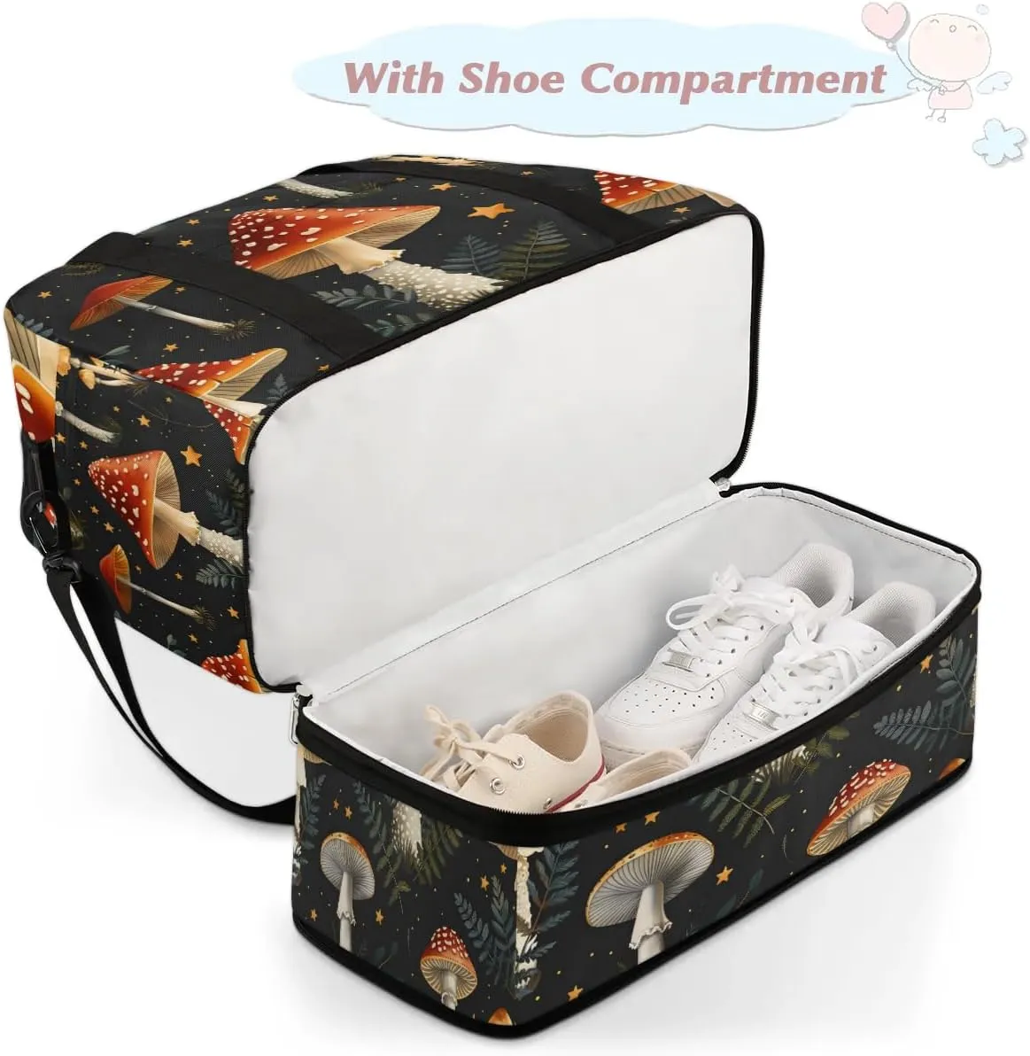 Sports Duffel Bag, Foldable Mushroom Travel Duffel Bag, Gym Yoga Beach Bag Weekender Overnight Bag with Shoes Compartment for Men Women, Mushrooms Wild Species
