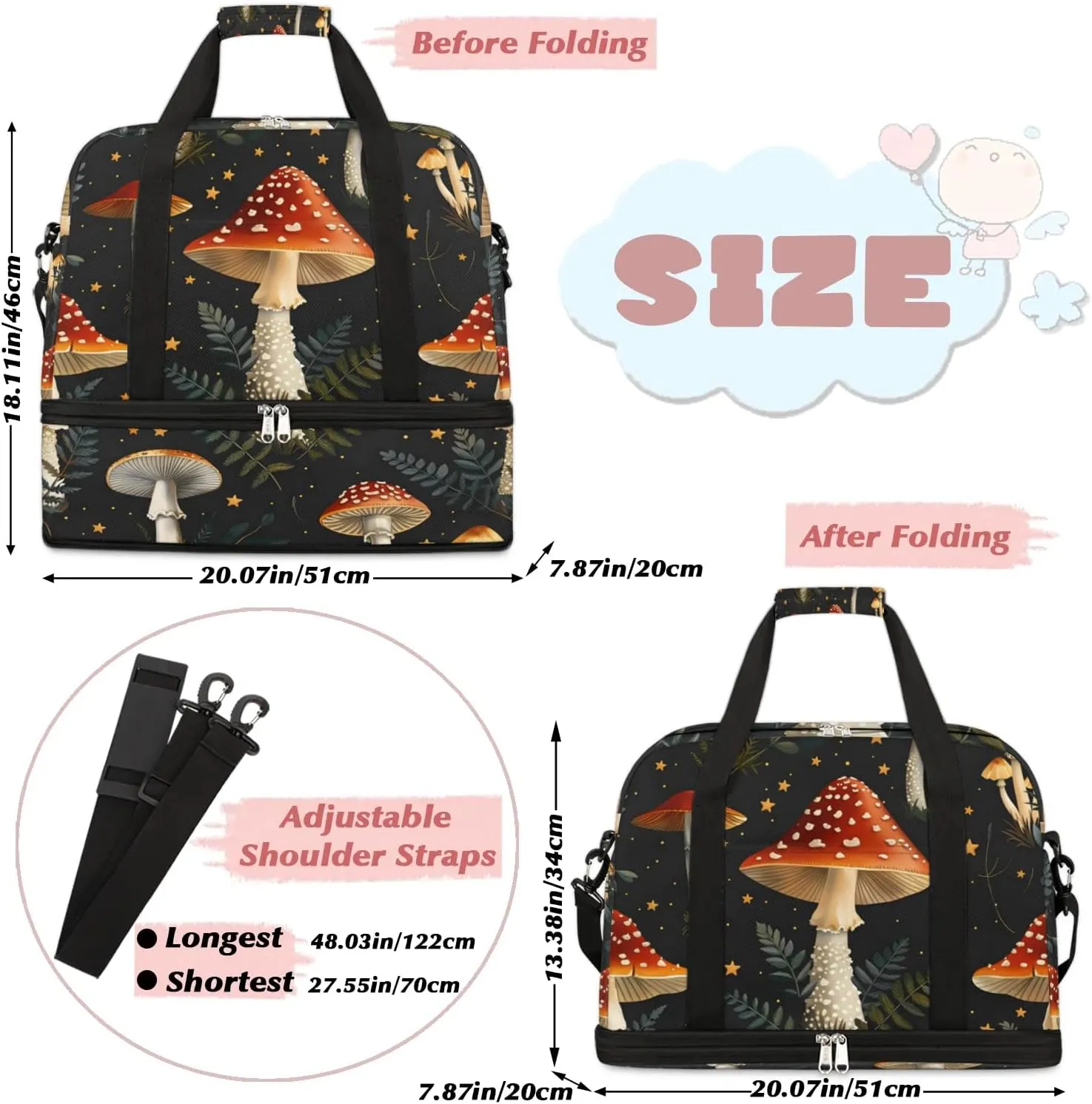 Sports Duffel Bag, Foldable Mushroom Travel Duffel Bag, Gym Yoga Beach Bag Weekender Overnight Bag with Shoes Compartment for Men Women, Mushrooms Wild Species