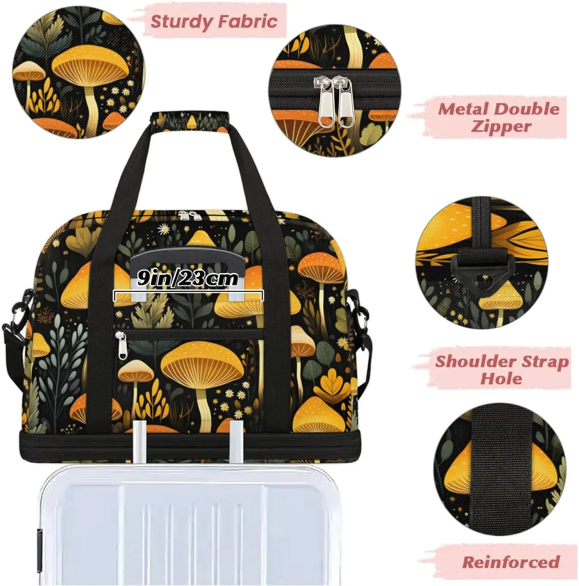 Sports Duffel Bag, Foldable Mushrooms Travel Duffel Bag, Gym Yoga Beach Bag Weekender Overnight Bag with Shoes Compartment for Men Women, Seasonal Summer