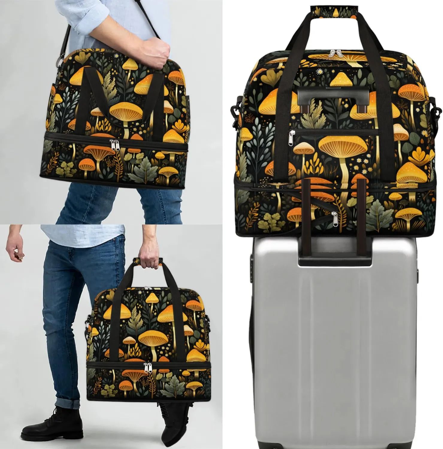 Sports Duffel Bag, Foldable Mushrooms Travel Duffel Bag, Gym Yoga Beach Bag Weekender Overnight Bag with Shoes Compartment for Men Women, Seasonal Summer