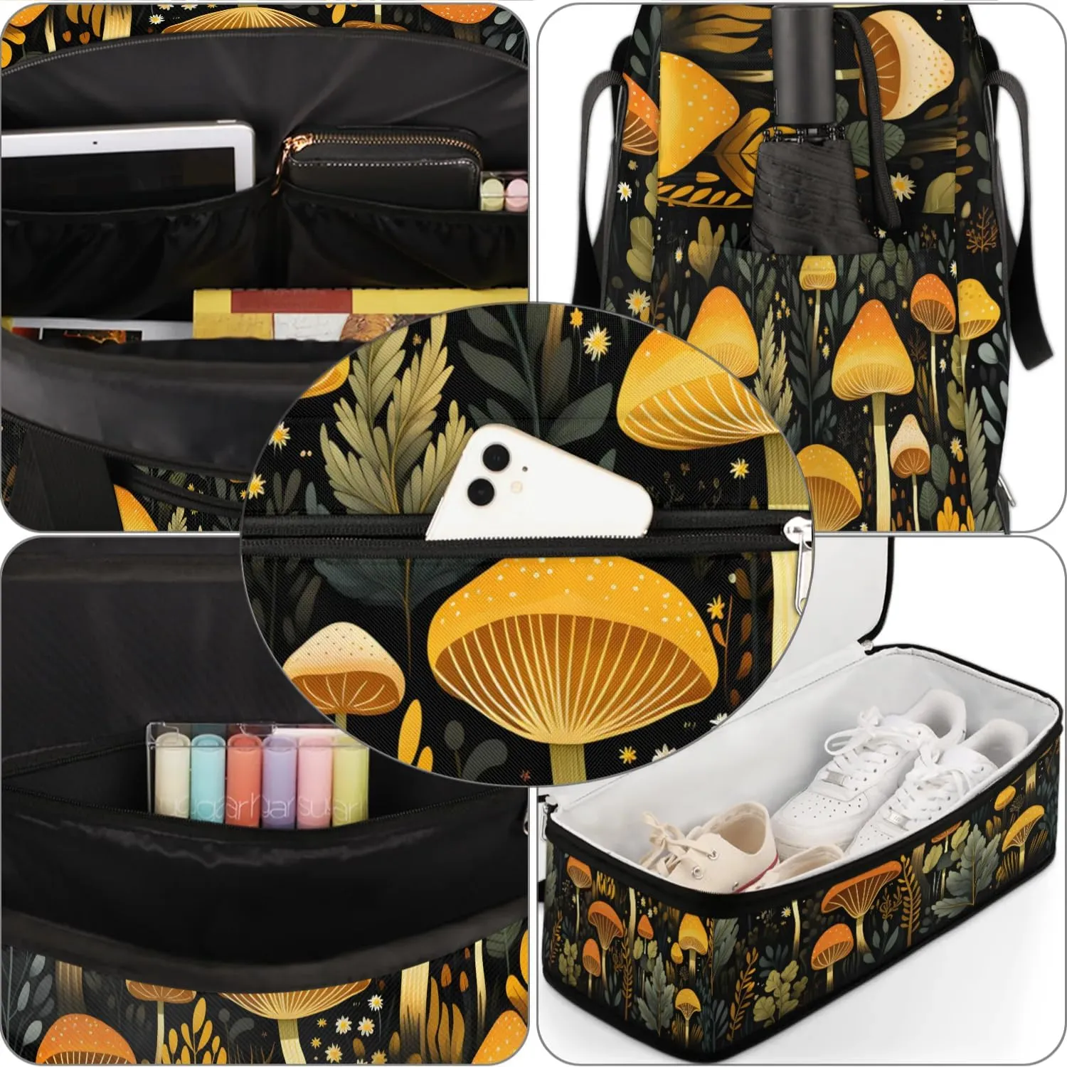 Sports Duffel Bag, Foldable Mushrooms Travel Duffel Bag, Gym Yoga Beach Bag Weekender Overnight Bag with Shoes Compartment for Men Women, Seasonal Summer