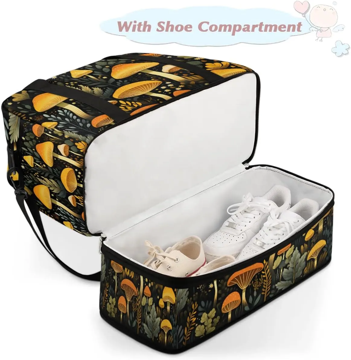 Sports Duffel Bag, Foldable Mushrooms Travel Duffel Bag, Gym Yoga Beach Bag Weekender Overnight Bag with Shoes Compartment for Men Women, Seasonal Summer
