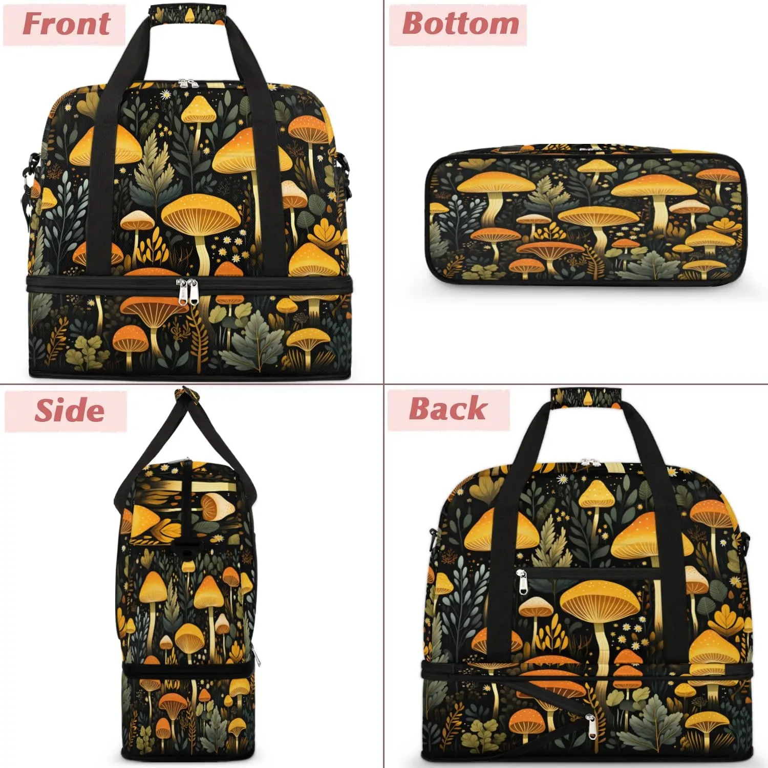 Sports Duffel Bag, Foldable Mushrooms Travel Duffel Bag, Gym Yoga Beach Bag Weekender Overnight Bag with Shoes Compartment for Men Women, Seasonal Summer