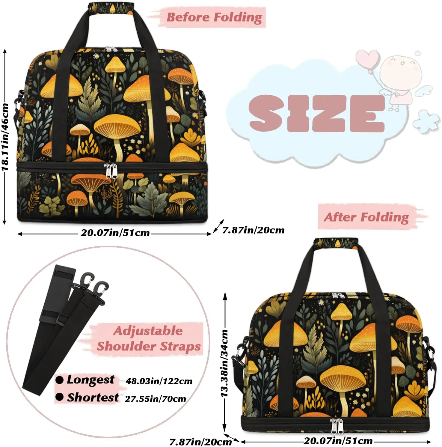 Sports Duffel Bag, Foldable Mushrooms Travel Duffel Bag, Gym Yoga Beach Bag Weekender Overnight Bag with Shoes Compartment for Men Women, Seasonal Summer