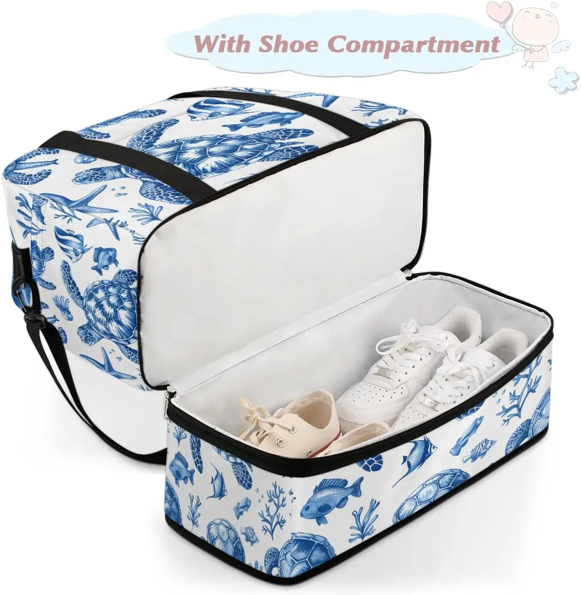 Sports Duffel Bag, Foldable Nautical Green Sea Turtles Beach Theme Travel Duffel Bag, Gym Yoga Beach Bag Weekender Overnight Bag with Shoes Compartment for Men Women, Turtle