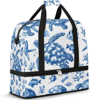 Sports Duffel Bag, Foldable Nautical Green Sea Turtles Beach Theme Travel Duffel Bag, Gym Yoga Beach Bag Weekender Overnight Bag with Shoes Compartment for Men Women, Turtle