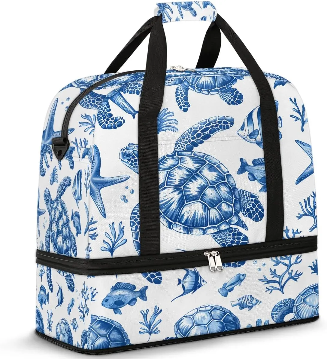 Sports Duffel Bag, Foldable Nautical Green Sea Turtles Beach Theme Travel Duffel Bag, Gym Yoga Beach Bag Weekender Overnight Bag with Shoes Compartment for Men Women, Turtle