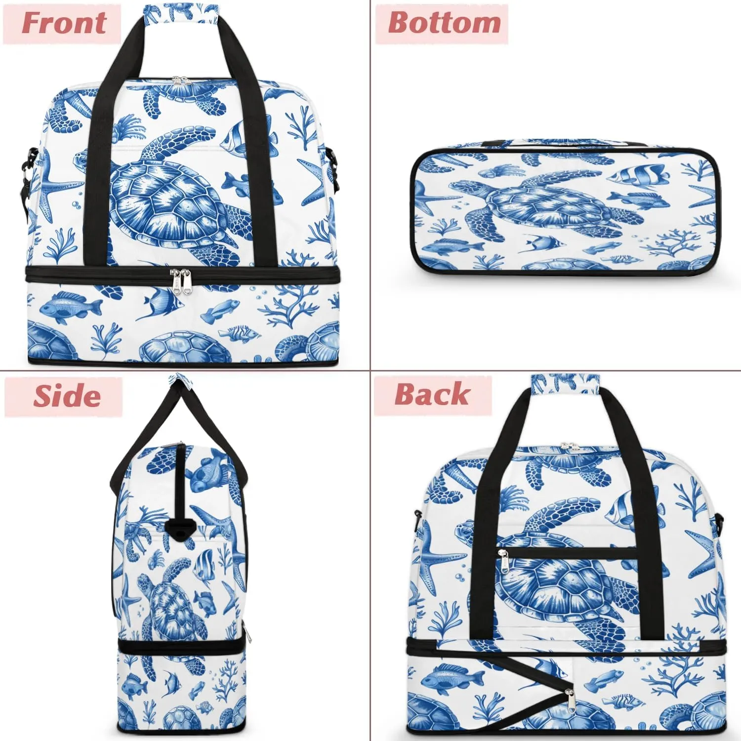 Sports Duffel Bag, Foldable Nautical Green Sea Turtles Beach Theme Travel Duffel Bag, Gym Yoga Beach Bag Weekender Overnight Bag with Shoes Compartment for Men Women, Turtle