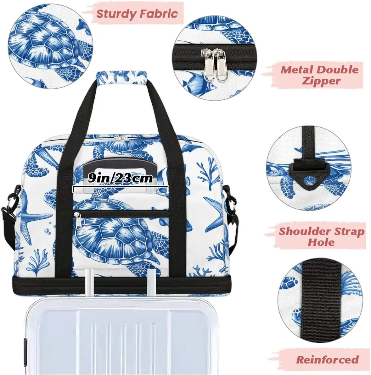 Sports Duffel Bag, Foldable Nautical Green Sea Turtles Beach Theme Travel Duffel Bag, Gym Yoga Beach Bag Weekender Overnight Bag with Shoes Compartment for Men Women, Turtle