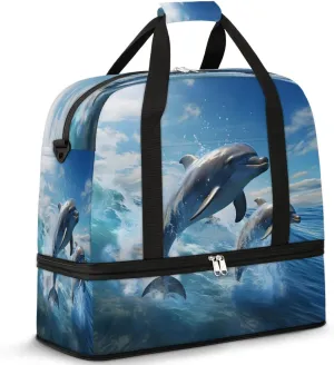 Sports Duffel Bag, Foldable Ocean Dolphin Travel Duffel Bags, Gym Yoga Beach Bag Weekender Overnight Bag with Shoes Compartment for Men, Sea Dolphin