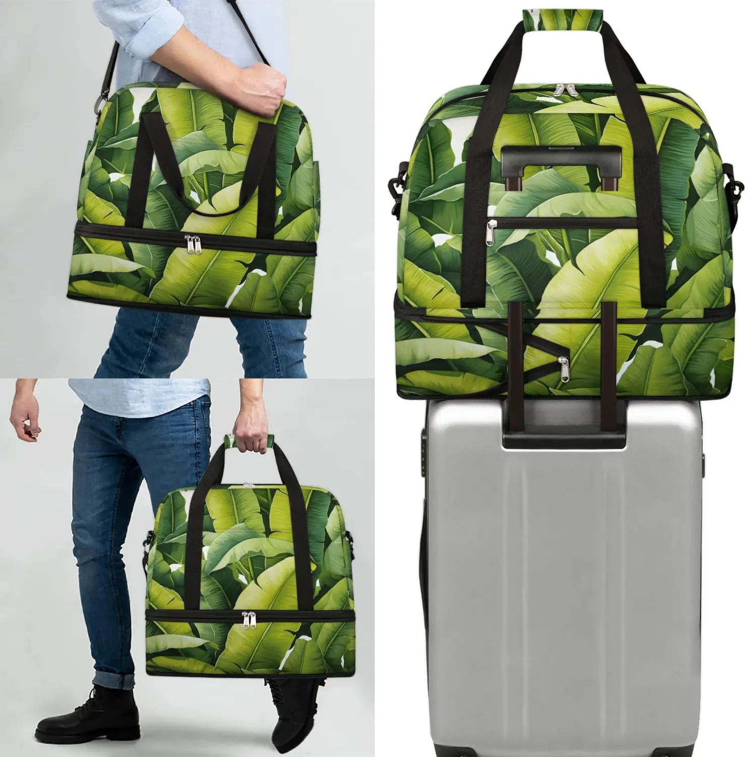 Sports Duffel Bag, Foldable Palm Leaf Travel Duffel Bag, Gym Yoga Beach Bag Weekender Overnight Bag with Shoes Compartment for Men Women, Green Banana Leaf