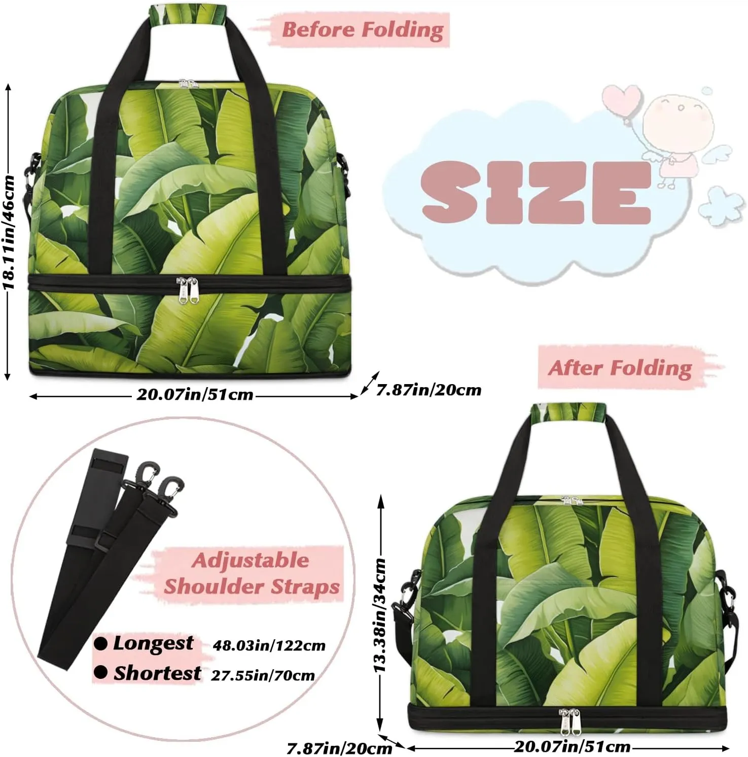 Sports Duffel Bag, Foldable Palm Leaf Travel Duffel Bag, Gym Yoga Beach Bag Weekender Overnight Bag with Shoes Compartment for Men Women, Green Banana Leaf