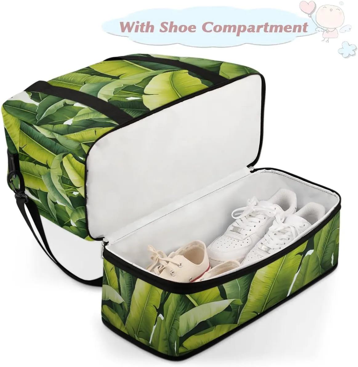 Sports Duffel Bag, Foldable Palm Leaf Travel Duffel Bag, Gym Yoga Beach Bag Weekender Overnight Bag with Shoes Compartment for Men Women, Green Banana Leaf