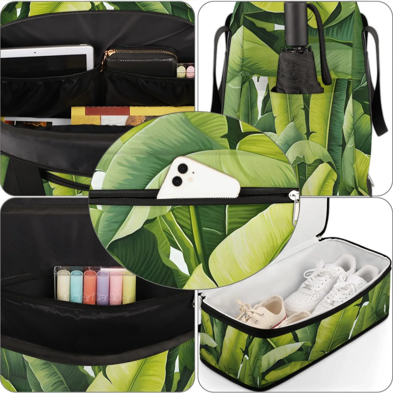 Sports Duffel Bag, Foldable Palm Leaf Travel Duffel Bag, Gym Yoga Beach Bag Weekender Overnight Bag with Shoes Compartment for Men Women, Green Banana Leaf