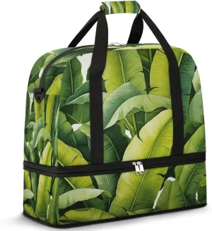 Sports Duffel Bag, Foldable Palm Leaf Travel Duffel Bag, Gym Yoga Beach Bag Weekender Overnight Bag with Shoes Compartment for Men Women, Green Banana Leaf
