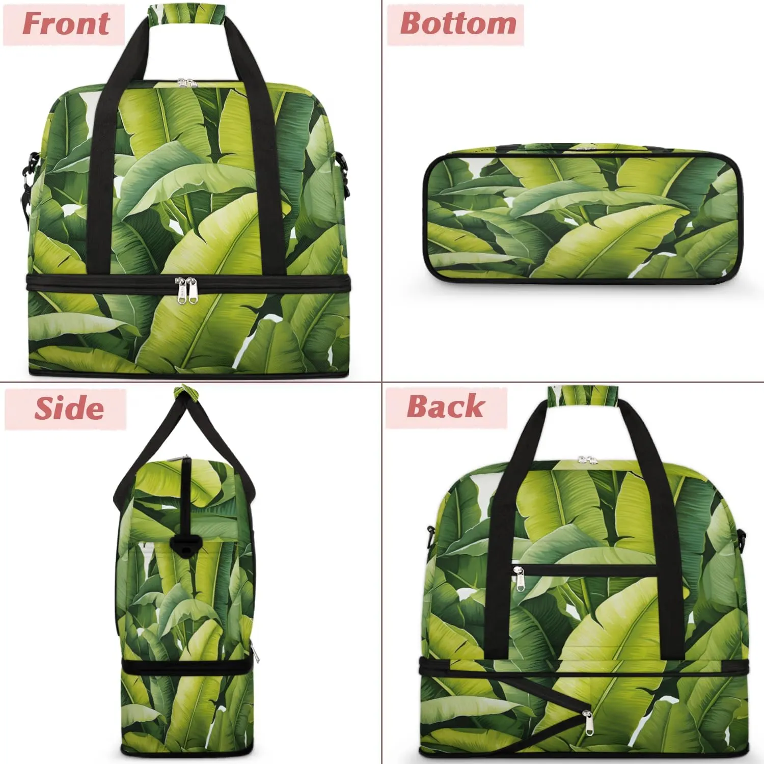 Sports Duffel Bag, Foldable Palm Leaf Travel Duffel Bag, Gym Yoga Beach Bag Weekender Overnight Bag with Shoes Compartment for Men Women, Green Banana Leaf