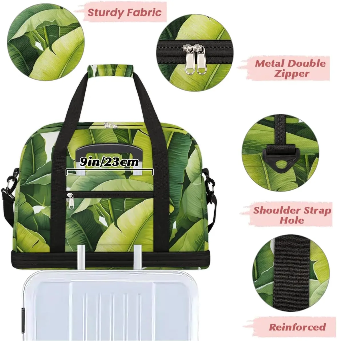 Sports Duffel Bag, Foldable Palm Leaf Travel Duffel Bag, Gym Yoga Beach Bag Weekender Overnight Bag with Shoes Compartment for Men Women, Green Banana Leaf